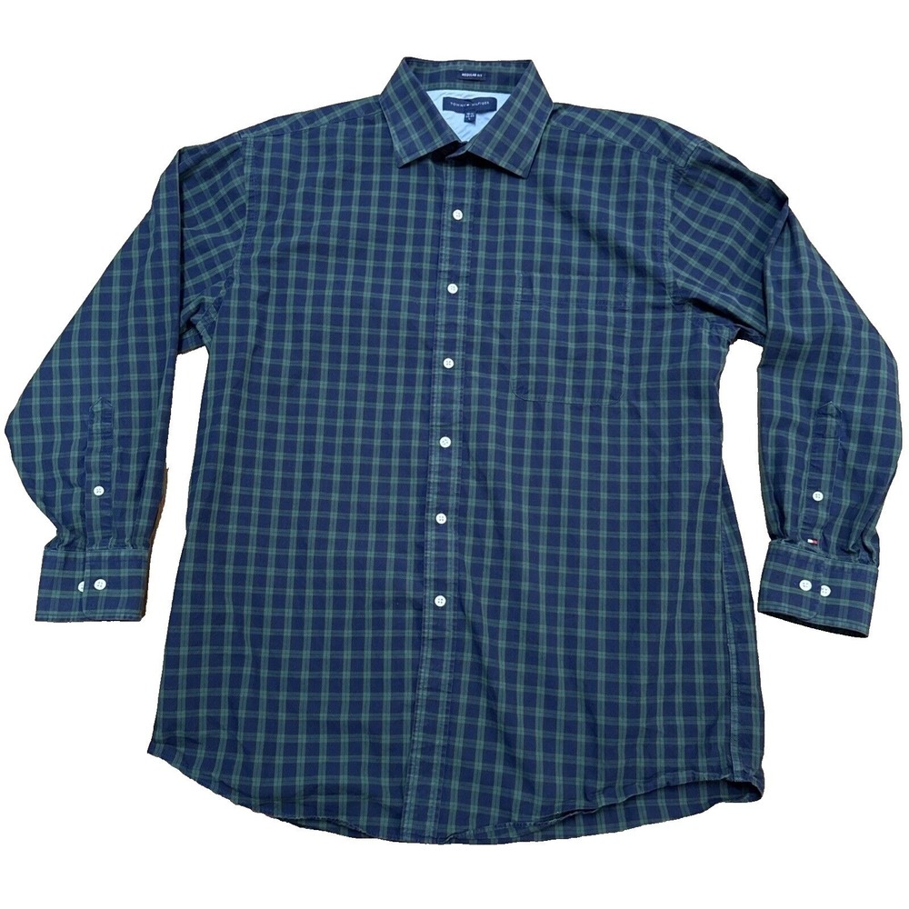 Tommy Hilfiger Button Up Shirt Men Large Green Blue Plaid Regular Fit Cotton